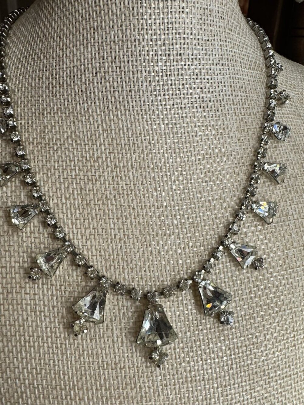 Vintage Kramer of New York Clear Rhinestone Fringe Choker Necklace Mid Century